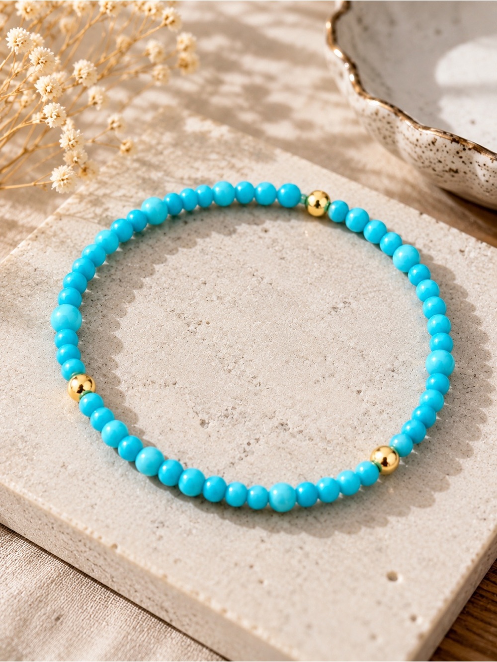 14K Gold & Genuine Turquoise Beaded Stretch Bracelet